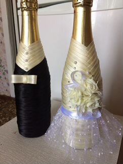 Украшение свадебных шампанского, бокалов, свечей