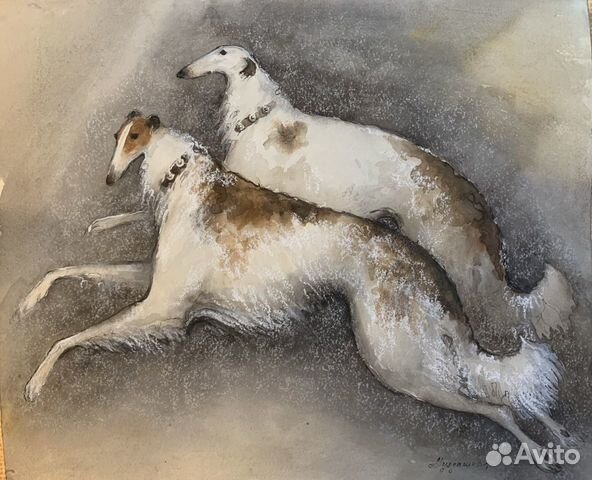Русские борзые, картина акварель/пастель