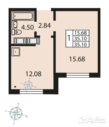 1-к квартира, 35.7 м², 13/24 эт.