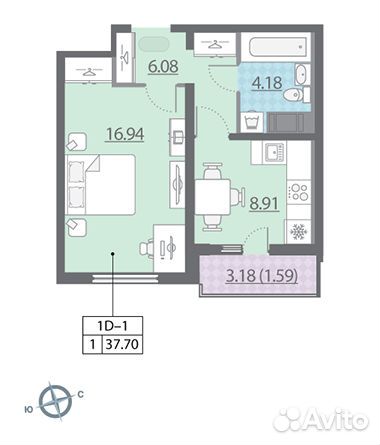 1-к квартира, 37.7 м², 15/25 эт.