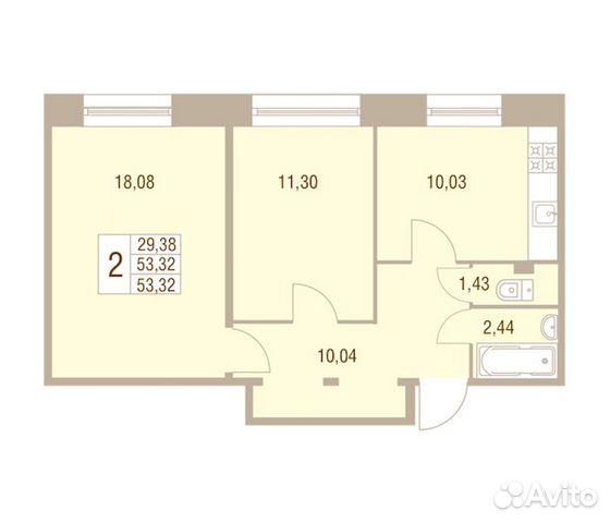 2-к квартира, 53.5 м², 1/8 эт.