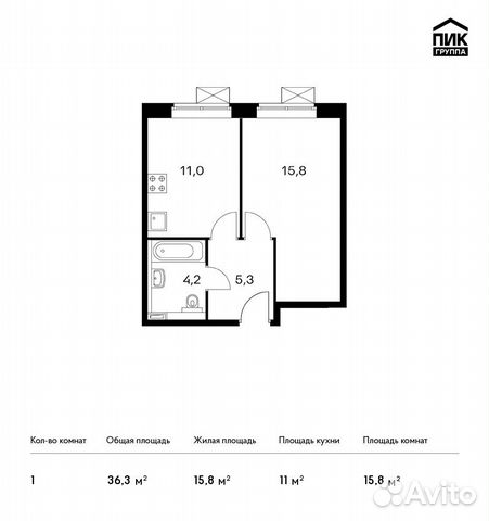 1-к квартира, 36.3 м², 12/15 эт.