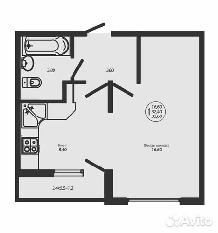 1-к квартира, 33.6 м², 1/8 эт.