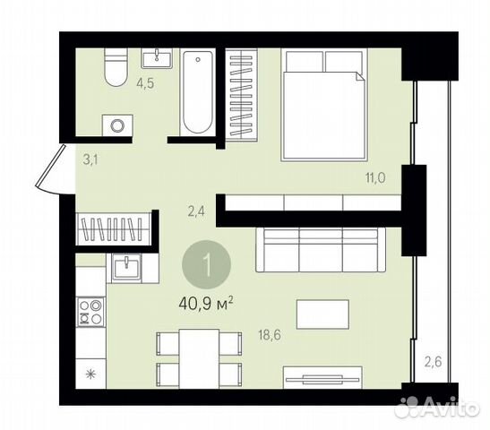 1-к квартира, 41 м², 2/9 эт. 1-к квартира, 41 м², 2/9 эт.