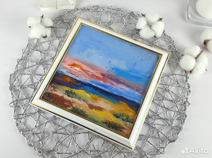 Небольшой пейзаж маслом. Закат на море. 20х20см