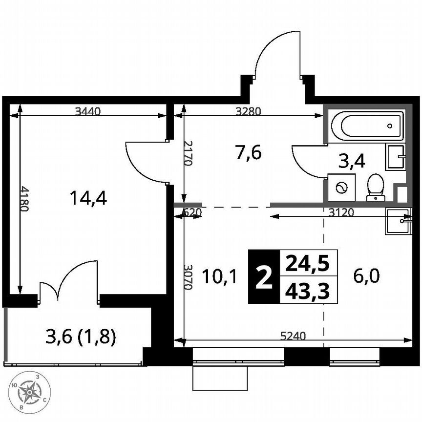 1-к. квартира, 43,3 м², 17/24 эт.