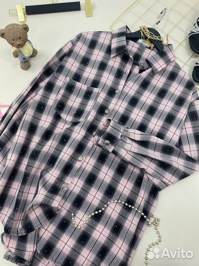 Рубашка в клетку оверсайз со стразами разные