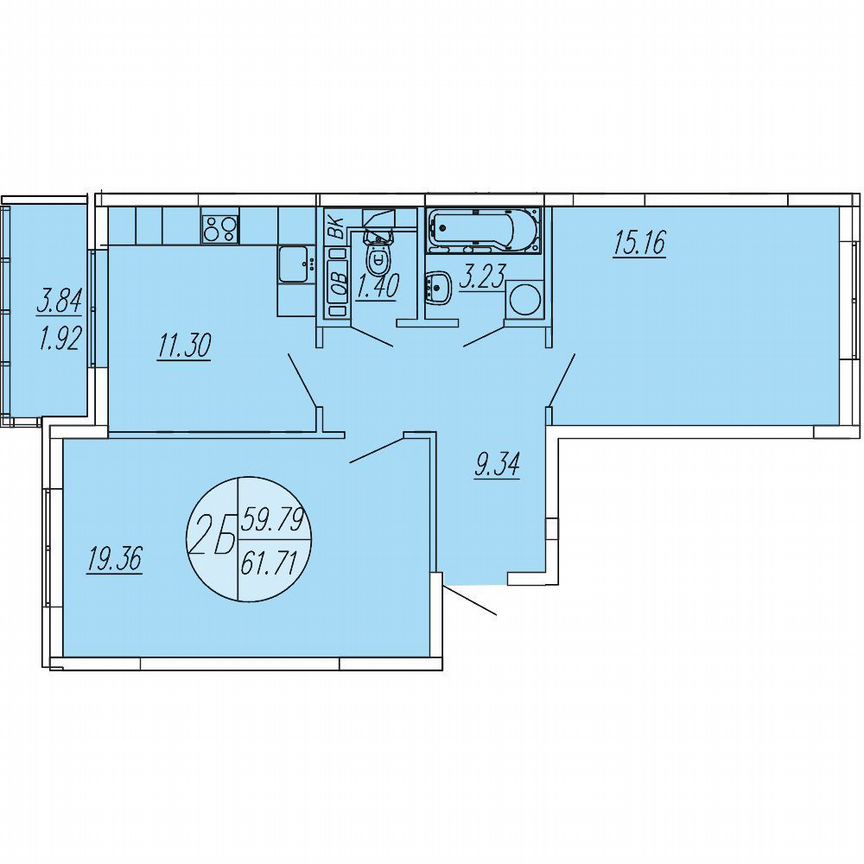 2-к. квартира, 61,7 м², 4/4 эт.
