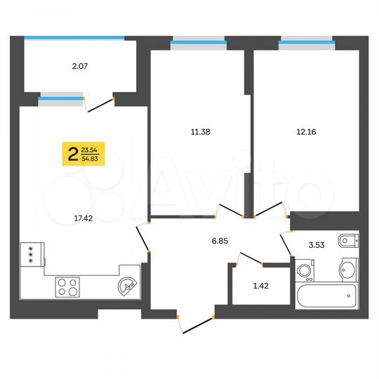 2-к. квартира, 54,8 м², 15/18 эт.