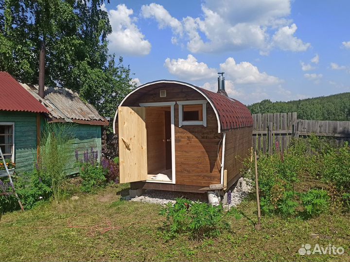 Небольшая баня бочка 4 м (парилка и комната по 2 м)