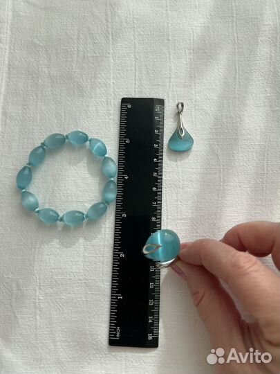 Комплект из голубого кварца - кошачий глаз