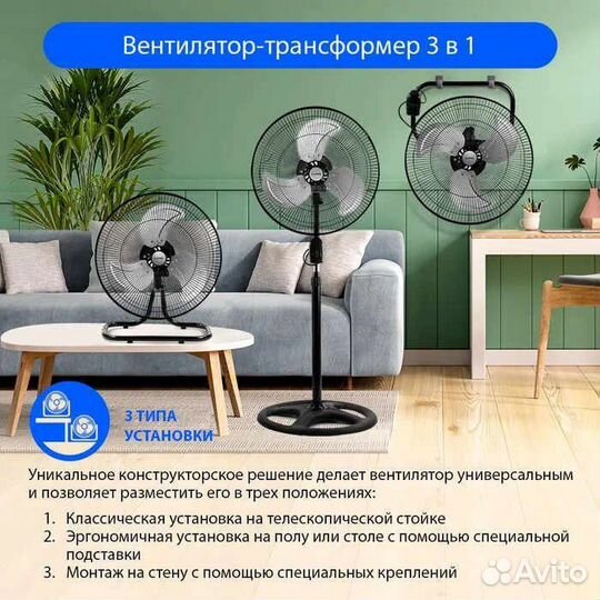 Вентилятор настольный 3в1 (Трансформер) 50см