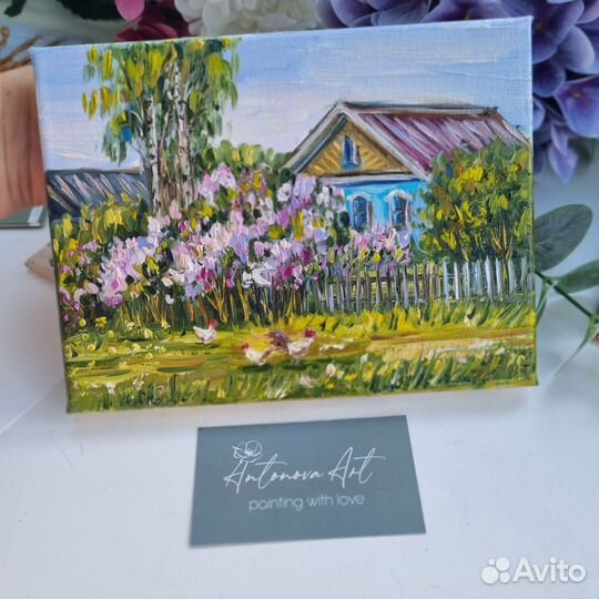 Картина маслом пейзаж сирень цветы дом береза