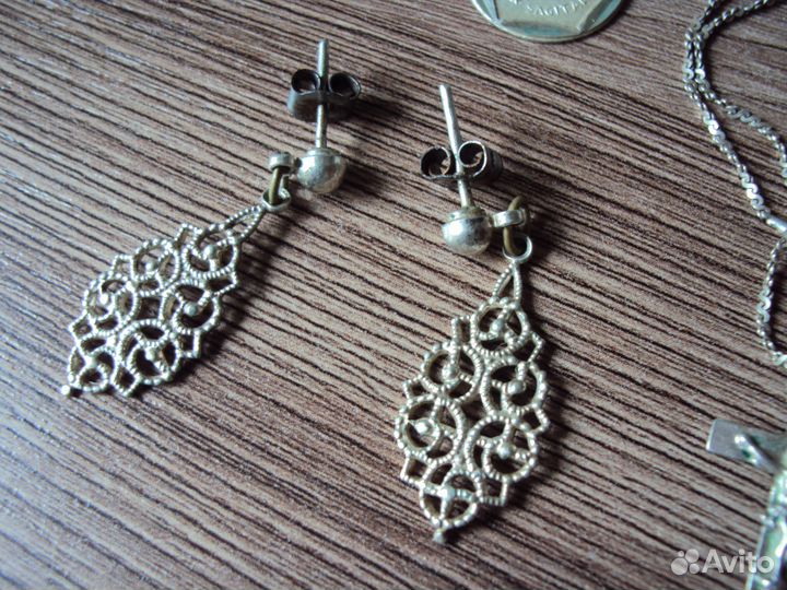 Серебро винтаж кулон, серьги Аргентина, крестик