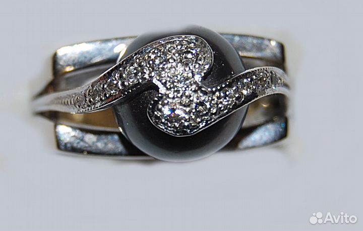 Кольцо черный жемчуг и бриллианты Микимото