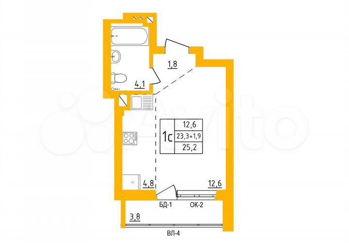 Квартира-студия, 25,2 м², 15/27 эт.