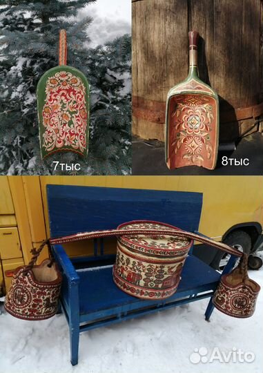 Старинные расписные лубяной короб рубель ларец