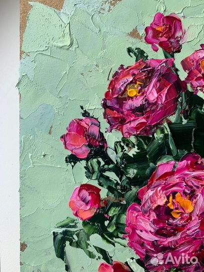 Картина маслом букет роз розовые цветы пионы