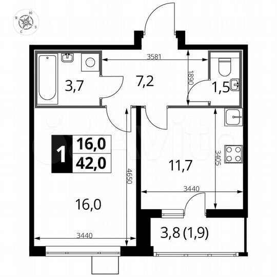 1-к. квартира, 42 м², 19/25 эт.