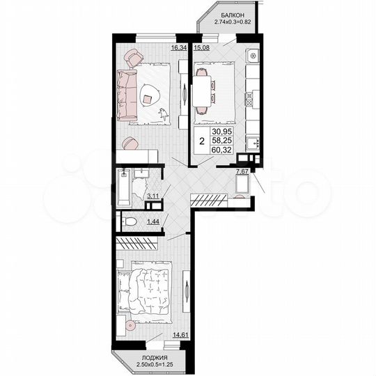 2-к. квартира, 60,3 м², 11/12 эт.