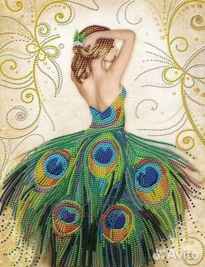Алмазная мозаика 40x50 Девушка в роскошном павлинь