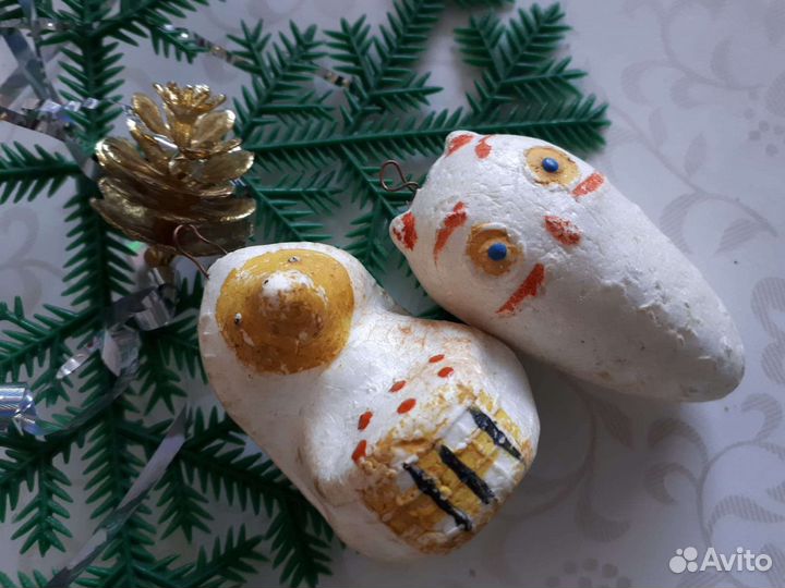 Елочные игрушки СССР гриб на прищепке, ёжик, сова