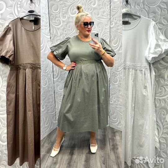 Платье хлопок белый/кофе с молоком р.58-62