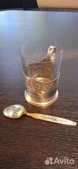 Подстаканник серебряный, серебряная ложка