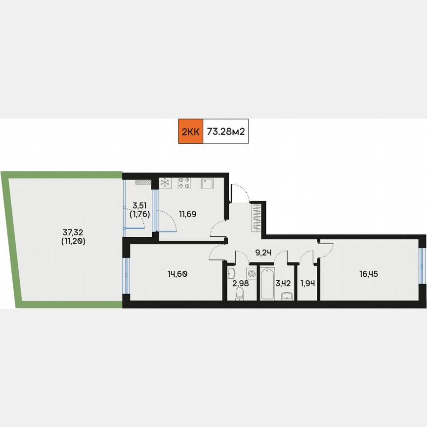 2-к. квартира, 73,2 м², 2/9 эт.