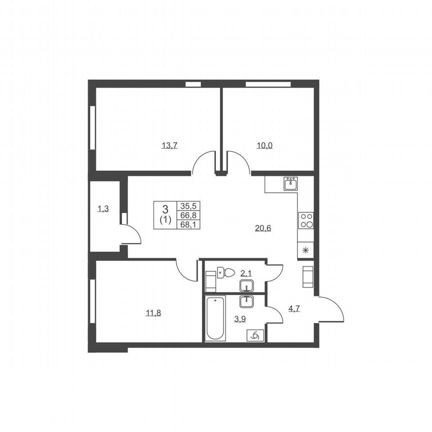 3-к. квартира, 68,1 м², 8/8 эт.