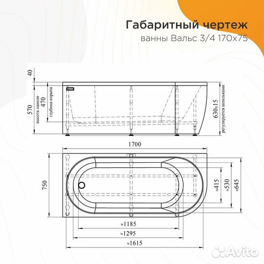 Акриловая ванна Вальс 3/4