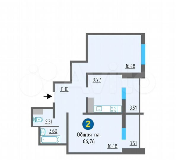 2-к. квартира, 66 м², 10/19 эт.