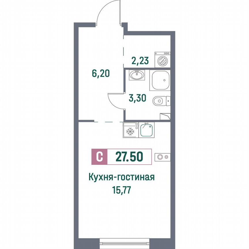 Квартира-студия, 27,5 м², 1/16 эт.