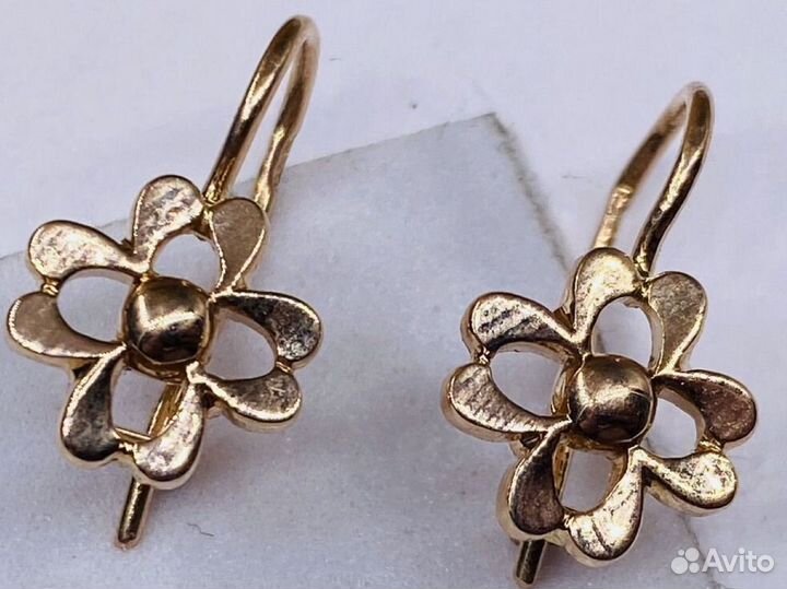 Золотые серьги 583 пробы Цветок СССР 2.93 гр