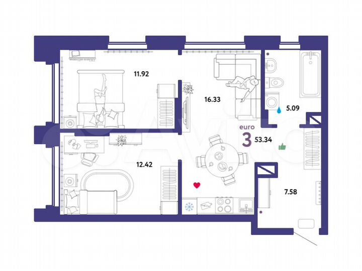 3-к. квартира, 53,3 м², 7/16 эт.