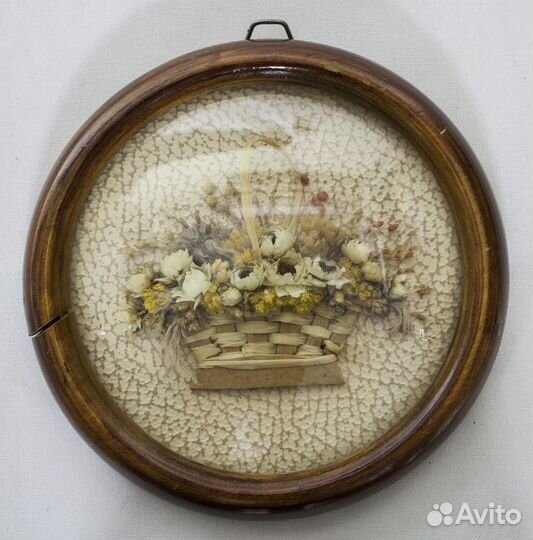 Панно Цветы в корзине, круглое, дерево, диаметр 13