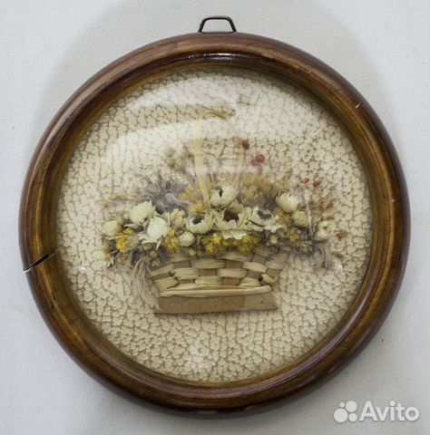 Панно Цветы в корзине, круглое, дерево, диаметр 13