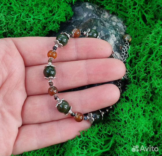 Браслет с нефритом, агатом и турмалином