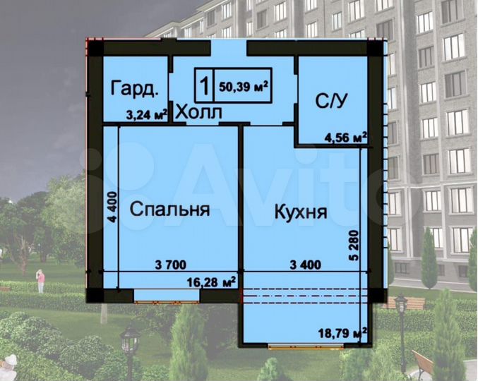 1-к. квартира, 50,4 м², 1/10 эт.