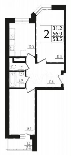 2-к. квартира, 58,5 м², 15/17 эт.