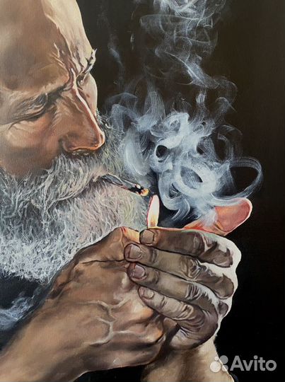 Картина масло холст 70х100см «Старик.Дым»