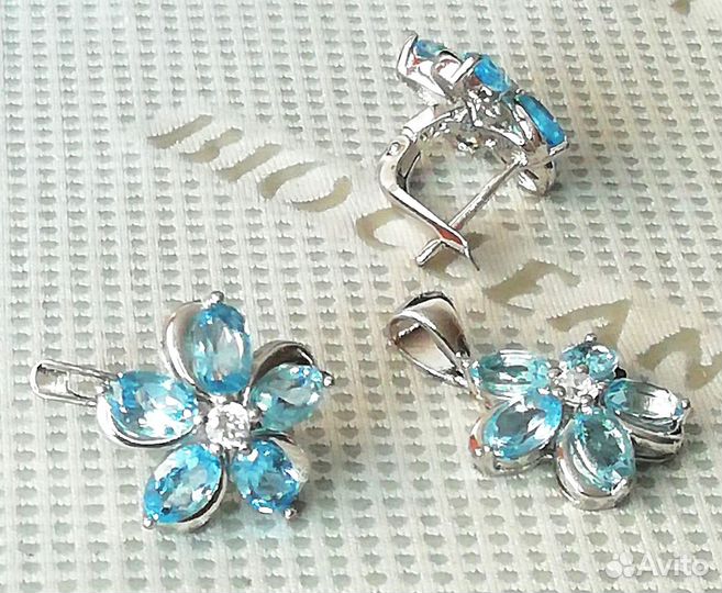 Серьги, кулон серебро голубой топаз С344