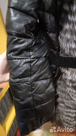 Пуховик зимний длинный женский 44 кожаный черный