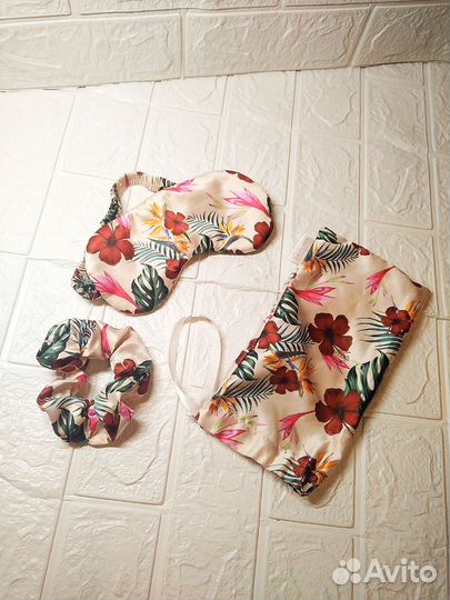 Набор: атласные маска для сна, резинка для волос