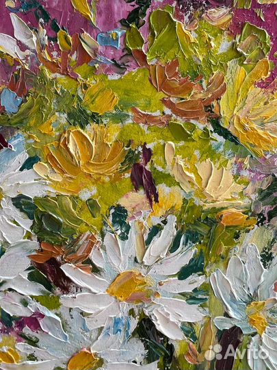 Картина маслом полевые цветы букет ромашки в вазе