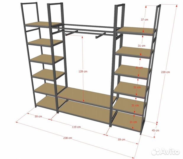 Стеллаж Лофт для одежды кч-22-20.20.06 в стиле лоф