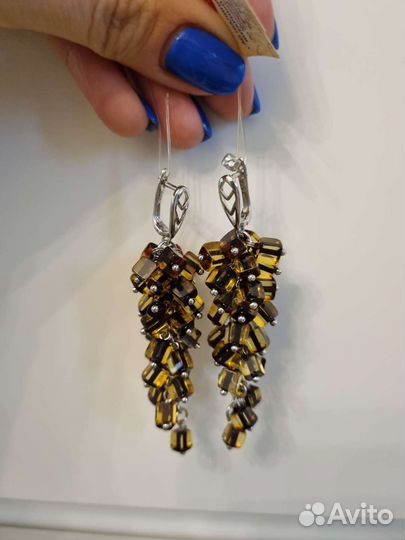 Серьги серебро янтарь новые