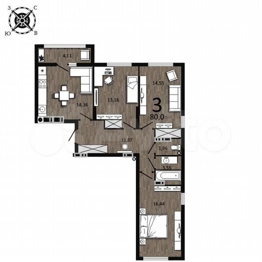 3-к. квартира, 80 м², 13/25 эт.