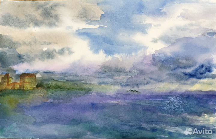 Море пейзаж акварель