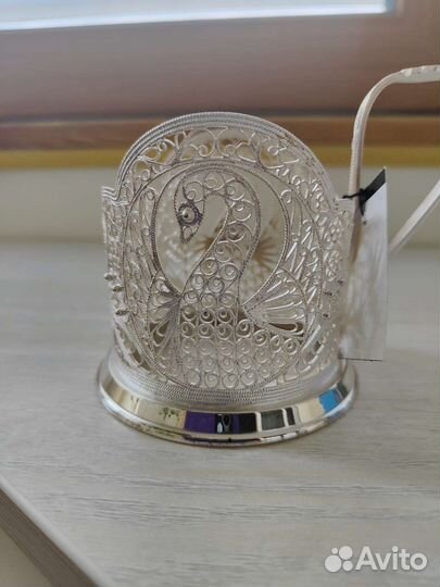 Серебряный подстаканник скань филигрань Лебедь